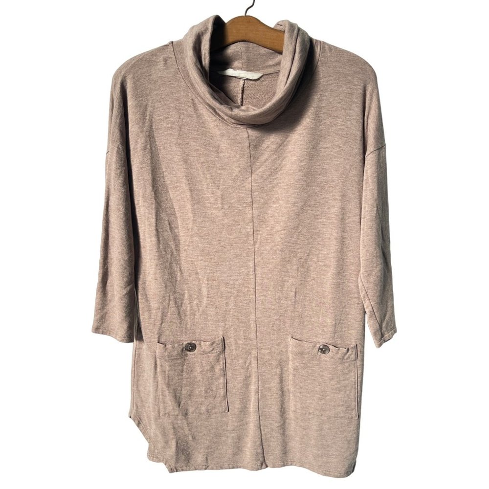 Magnolia Grace Womens S Light Brown Knit Cowl Neck 3/4 Sleeve Tunic Top Pockets